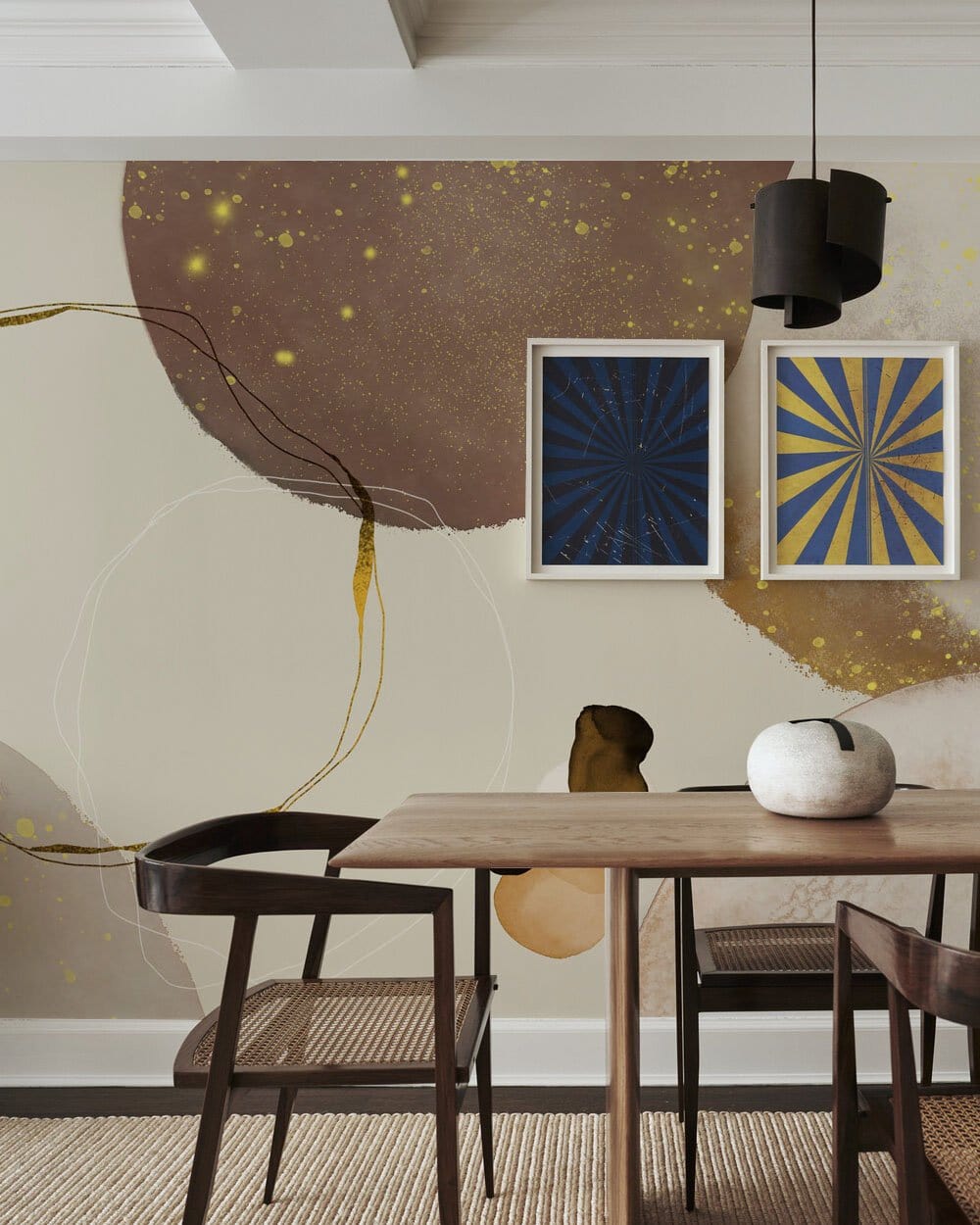 Elegant Earthy Tones mural wallpaper, gold accents, dining room, wooden table, modern chairs, framed art.