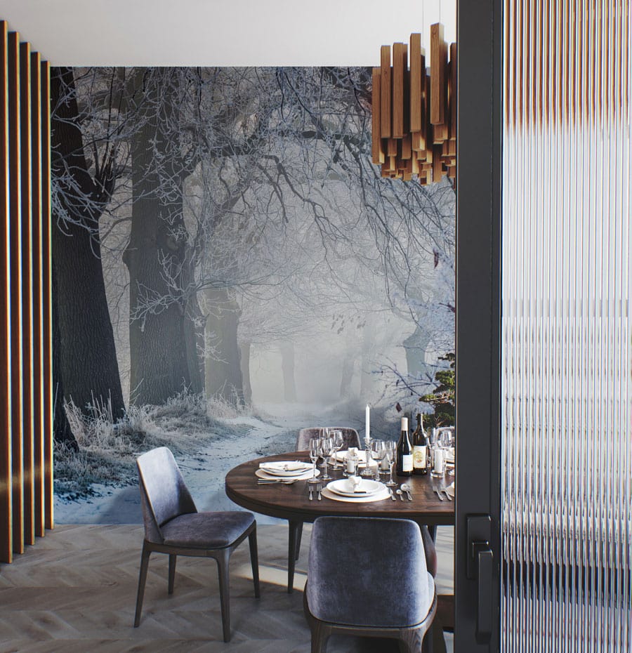 Winter Frost Enchanted Forest Wallpaper in dining room with velvet chairs, herringbone flooring, wooden accents.
