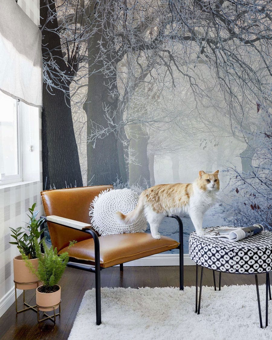 Winter Frost Enchanted Forest Mural Wallpaper with leather chair, cat, patterned ottoman, and rug.