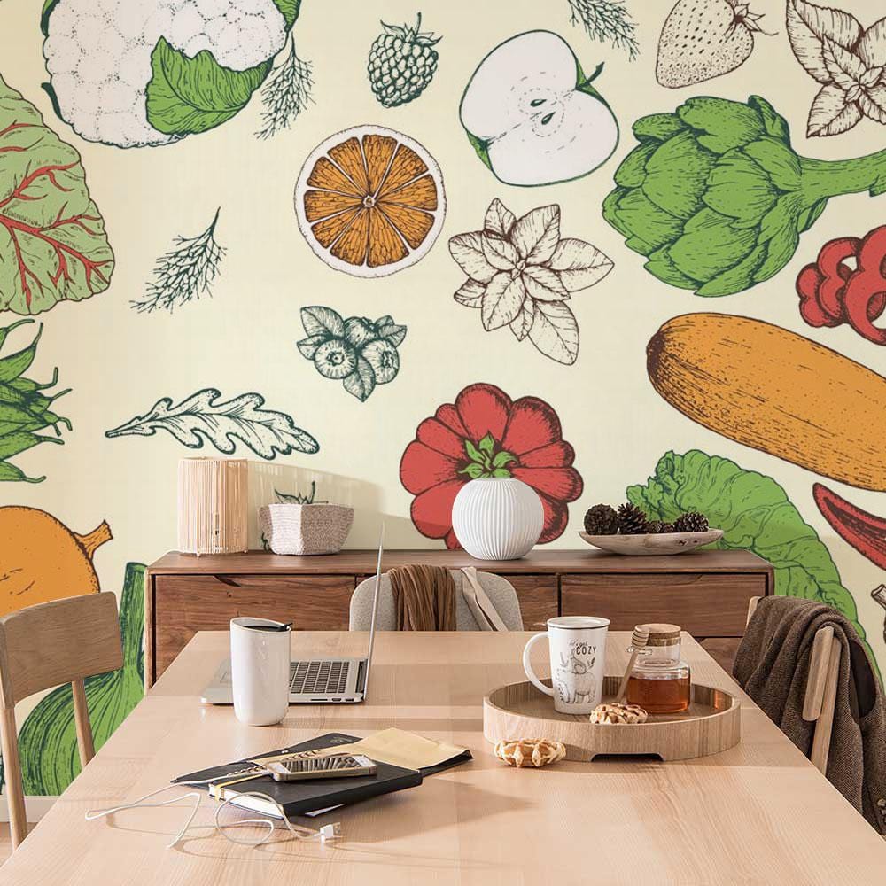 Vibrant Botanical Vegetable Garden wallpaper in kitchen with wooden table, chairs, and complementary decor elements.