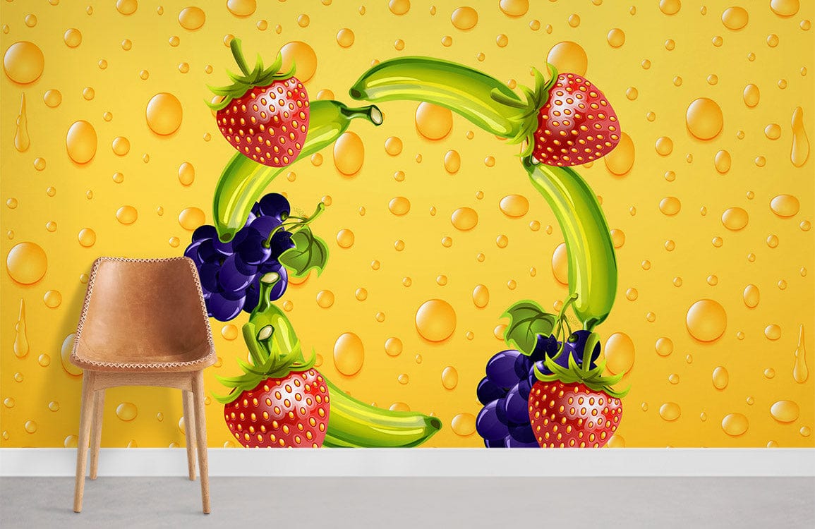 Vibrant Fruit Extravaganza wallpaper with strawberries, bananas, grapes; yellow background; brown chair; modern decor.