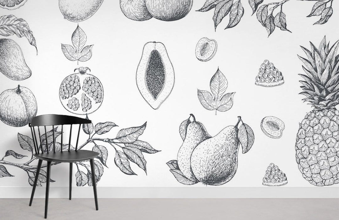 Monochrome botanical fruit sketch wallpaper in living room; elegant chair on smooth flooring, nature-inspired design.