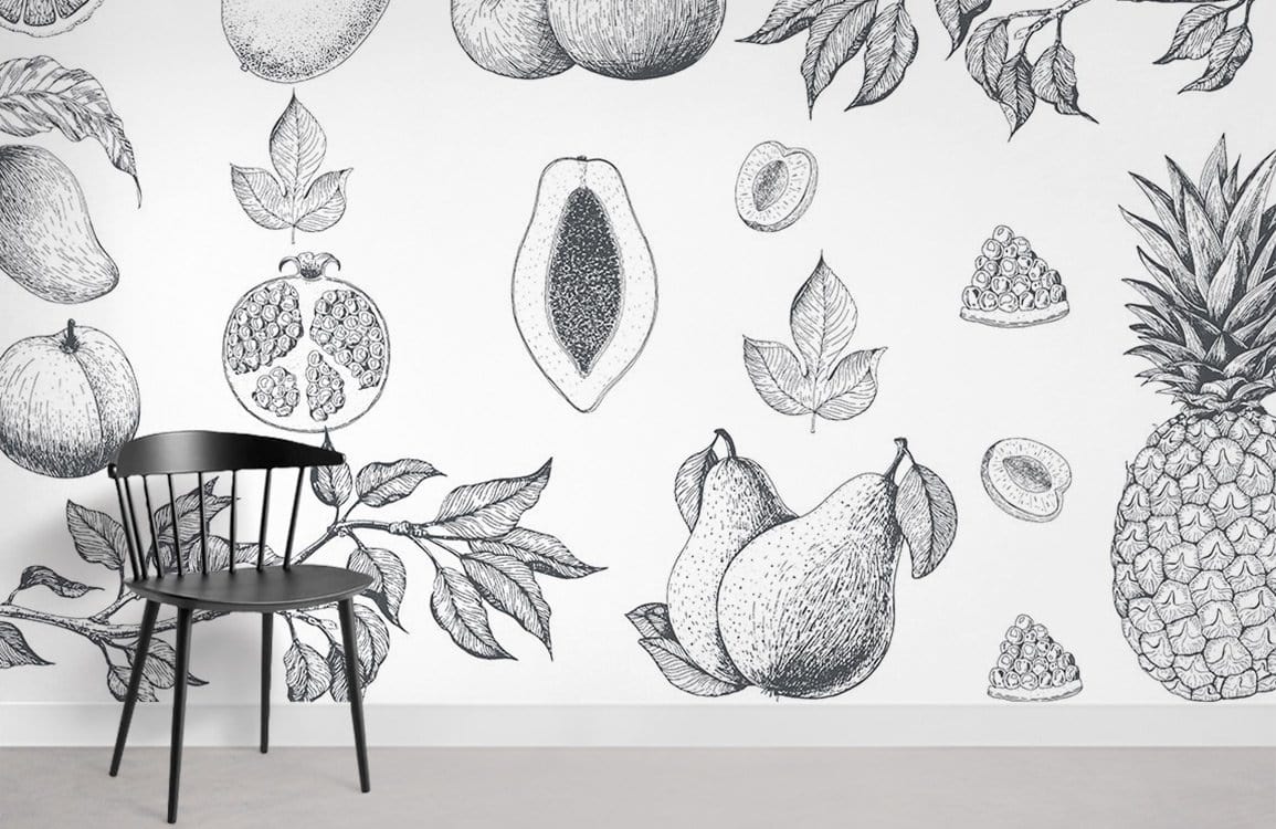 Monochrome botanical fruit sketch wallpaper in living room; elegant chair on smooth flooring, nature-inspired design.