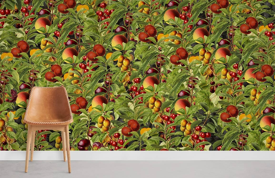 Vibrant fruit pattern wallpaper, lush greenery, brown leather chair, white skirting, grey flooring, contemporary style.