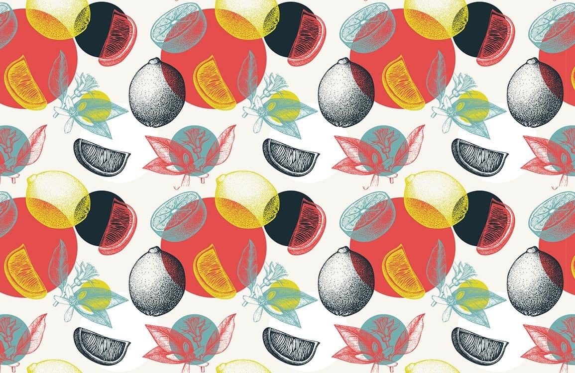 Vibrant Citrus Burst Mural: Colourful Retro Fruit Pattern Wallpaper Design on plain white background.