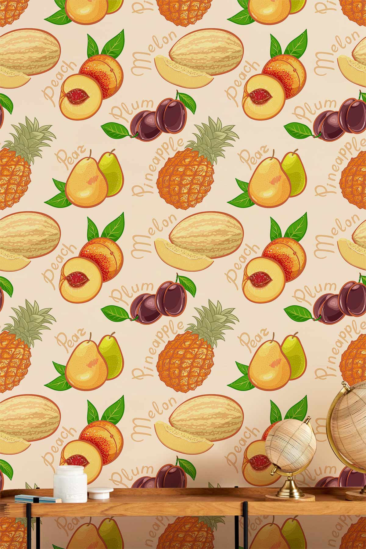 Tropical Fruit Paradise Wallpaper with peaches, pears, melons; wooden table; globes; colourful pattern.