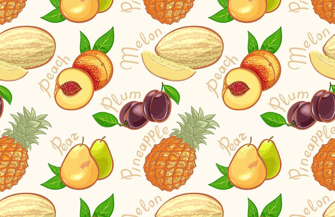 Tropical Fruit Paradise Wallpaper with Peaches, Pears, and Melons Design