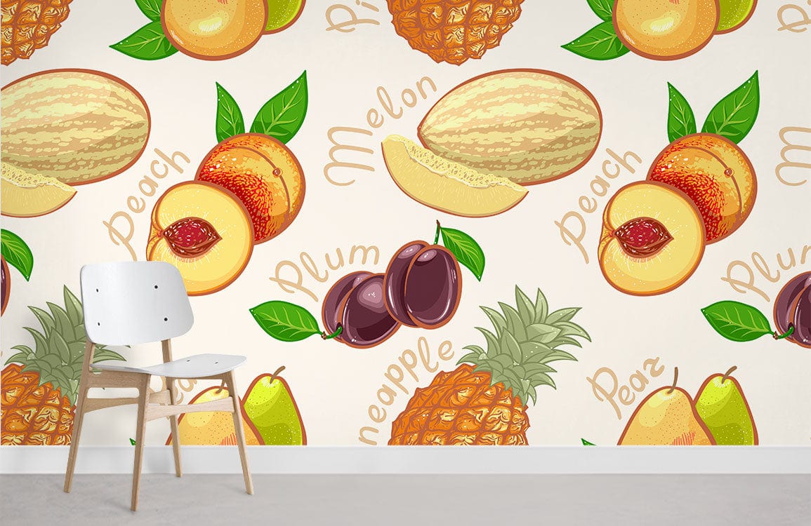 Tropical fruit wallpaper with peaches, pears, melons design; white chair, minimal decor, light flooring.