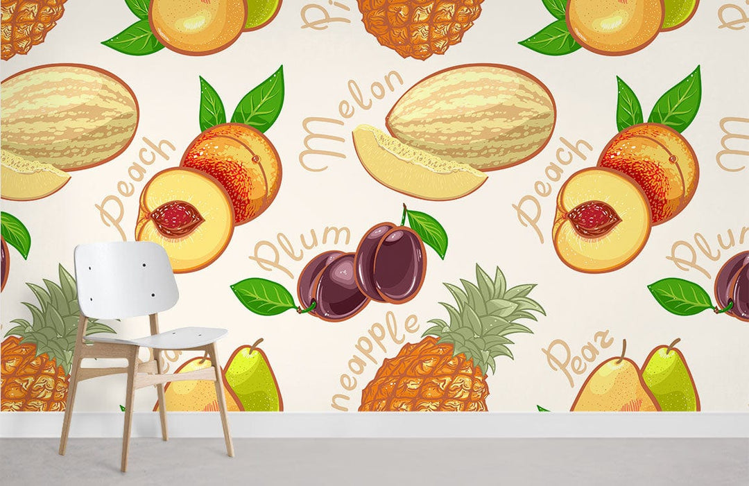 Tropical fruit wallpaper with peaches, pears, melons design; white chair, minimal decor, light flooring.