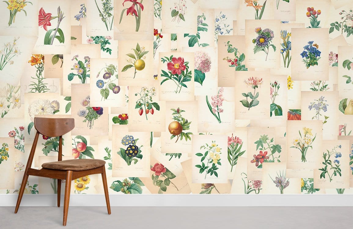 Vintage botanical floral art print mural wallpaper with pastel colours in a room with wooden chair.