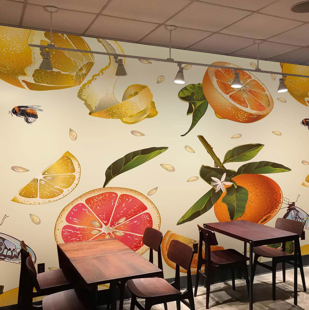 Tropical Citrus Paradise Wallpaper with vibrant oranges, lemons; wooden dining tables, chairs; warm lighting ambiance.