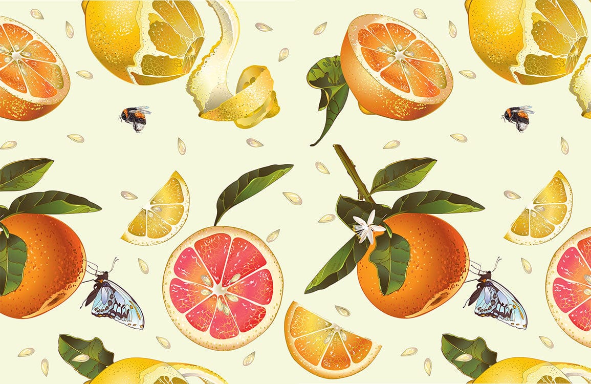 Tropical Citrus Paradise Wallpaper with Vibrant Oranges and Lemons Design