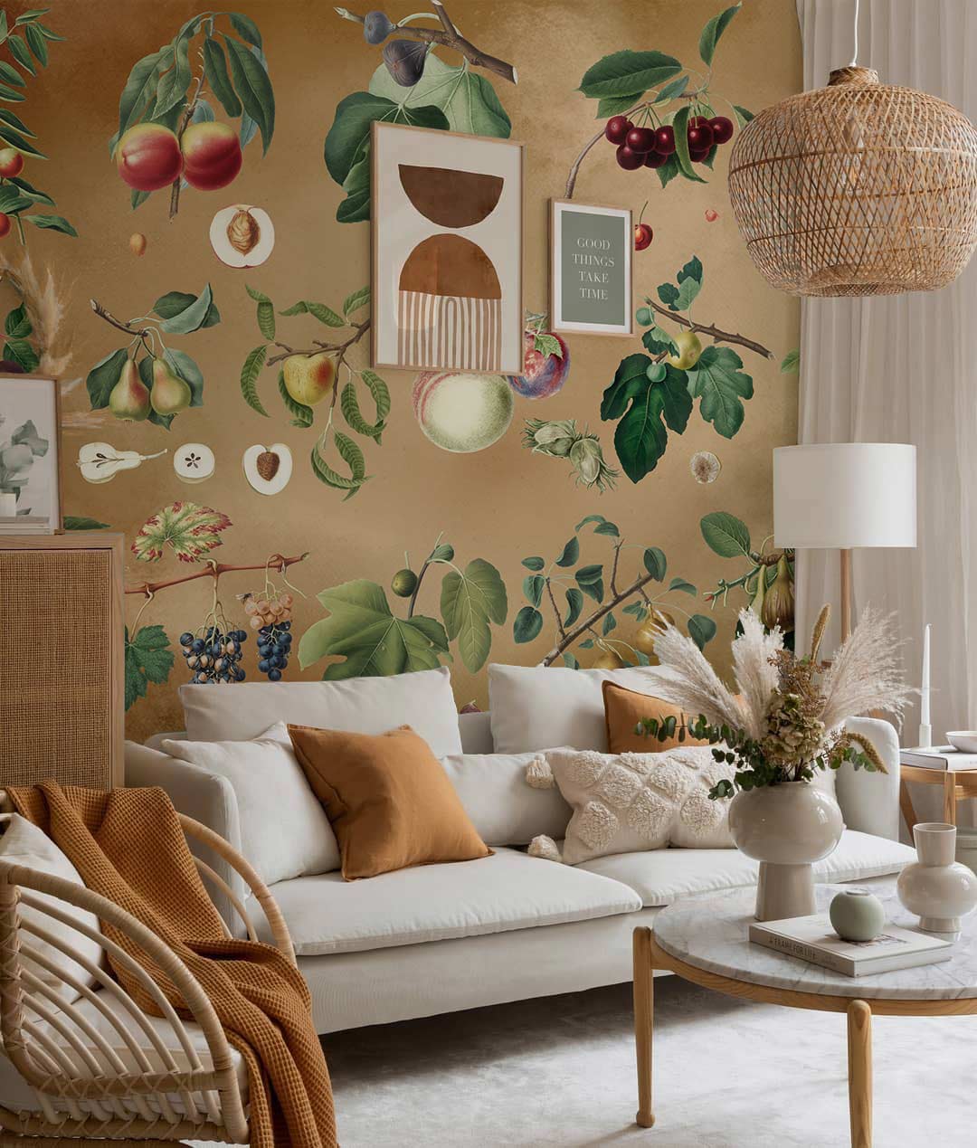 Vintage Botanical Fruit Wallpaper, earthy tones, beige sofa, minimalist decor, rattan elements, living room design.