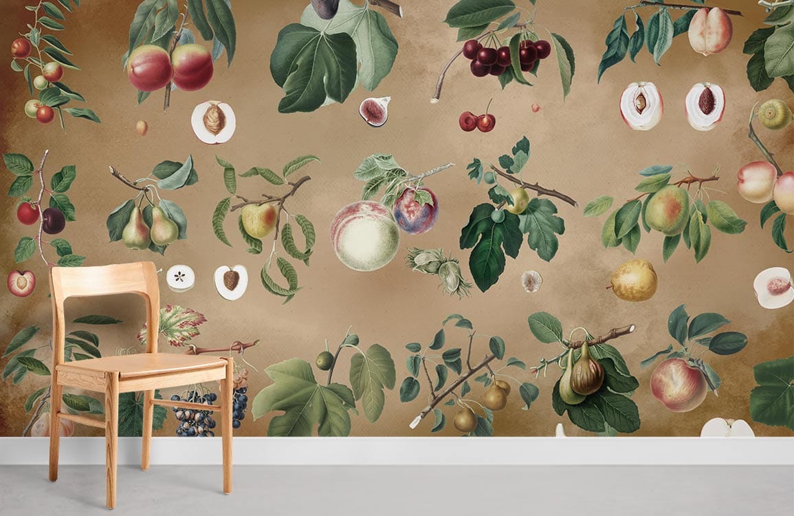Vintage Botanical Fruit Pattern Wallpaper, earthy tones, wooden chair, classic decor, elegant room design.