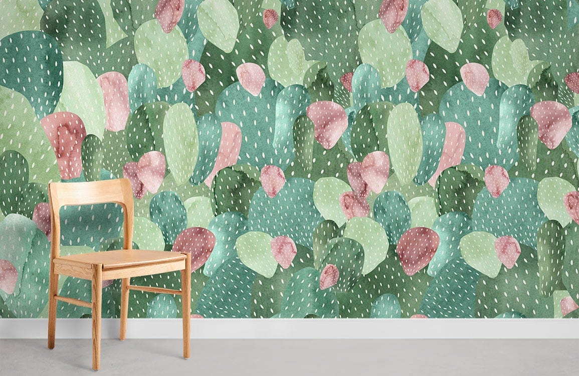Botanical Cactus Oasis Green Watercolour Wallpaper Mural in modern room with wooden chair, grey flooring.