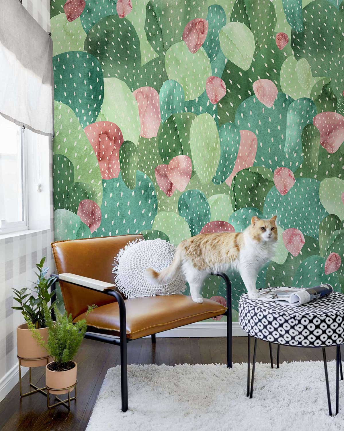 Botanical Cactus Oasis Green Wallpaper with brown chair, round patterned table, dark wood flooring.