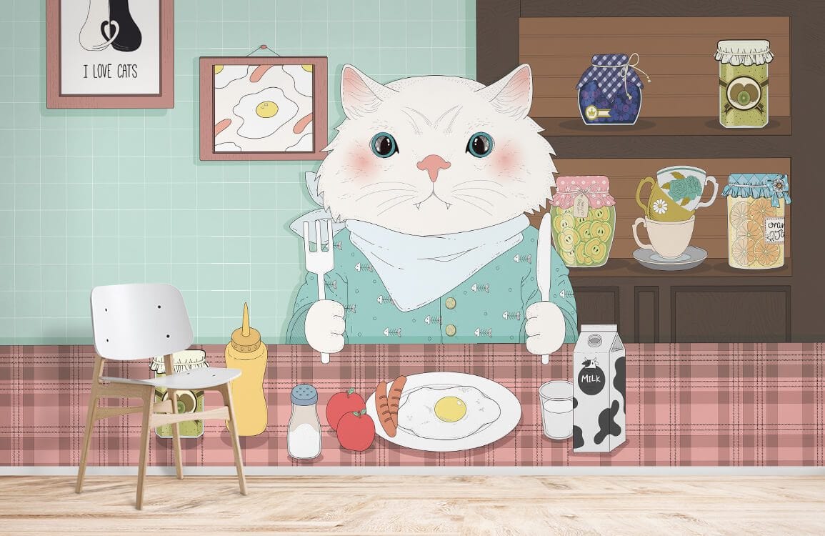 Charming cat mural wallpaper in cosy kitchen with plaid design, wooden shelves, and light wooden flooring.