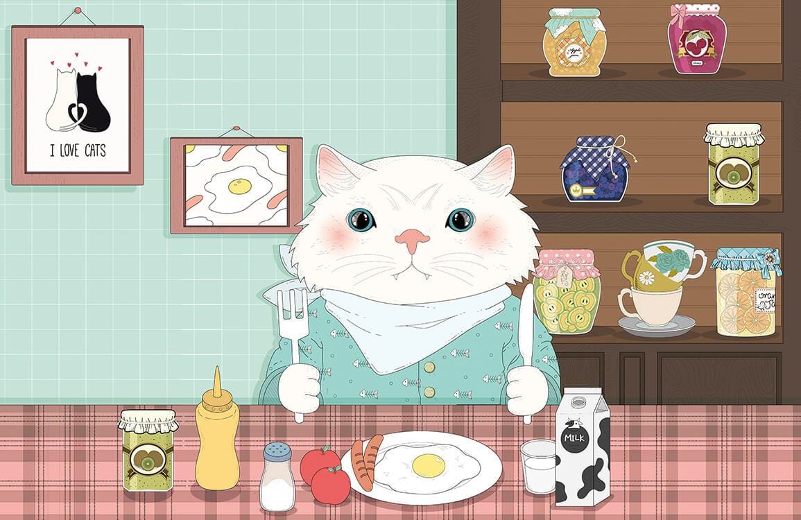 Charming Pastel Cat Kitchen Mural Wallpaper for Cosy Home Decor