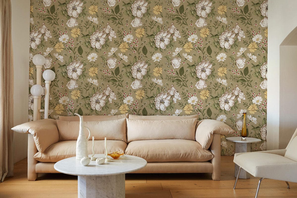 Elegant vintage floral wallpaper in living room, beige sofa, marble table, wooden flooring. Botanical design.