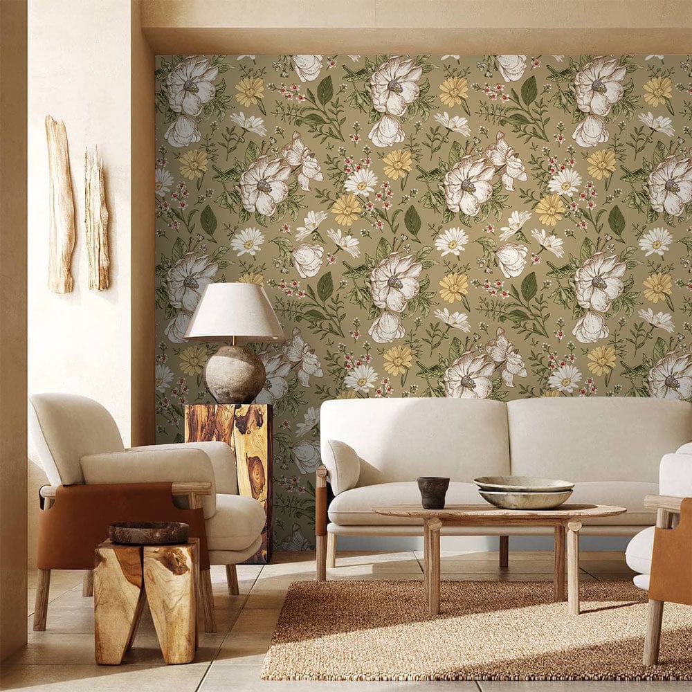 Vintage floral wallpaper in living room with beige sofa, wooden coffee table, lamp, and carpet.