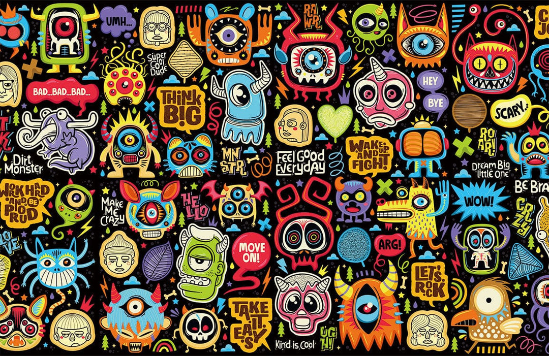 Vibrant Urban Graffiti Cartoon Monster Pattern Wallpaper - Bold Retro Colours