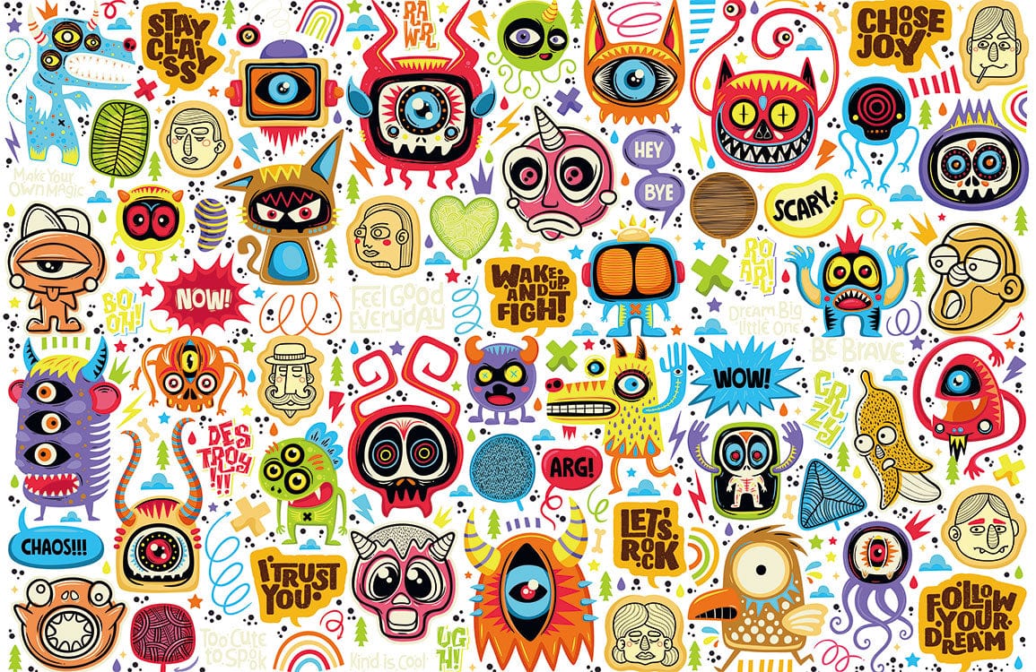 Vibrant Retro Cartoon Monster Mural Wallpaper - Colourful Pop Art Style Decor
