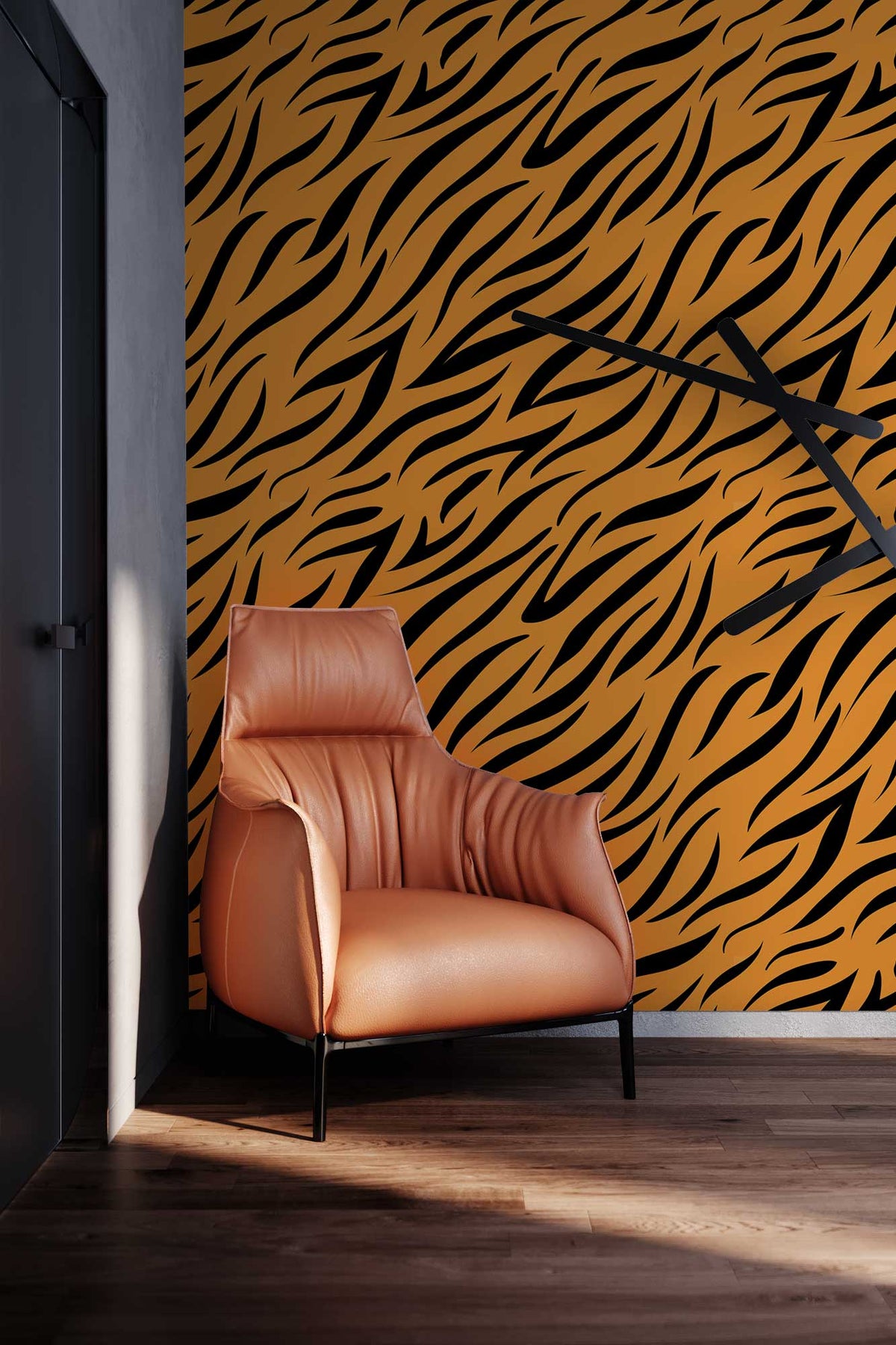 Exotic Tiger Print Wallpaper in orange and black with leather armchair, wooden flooring in modern room.