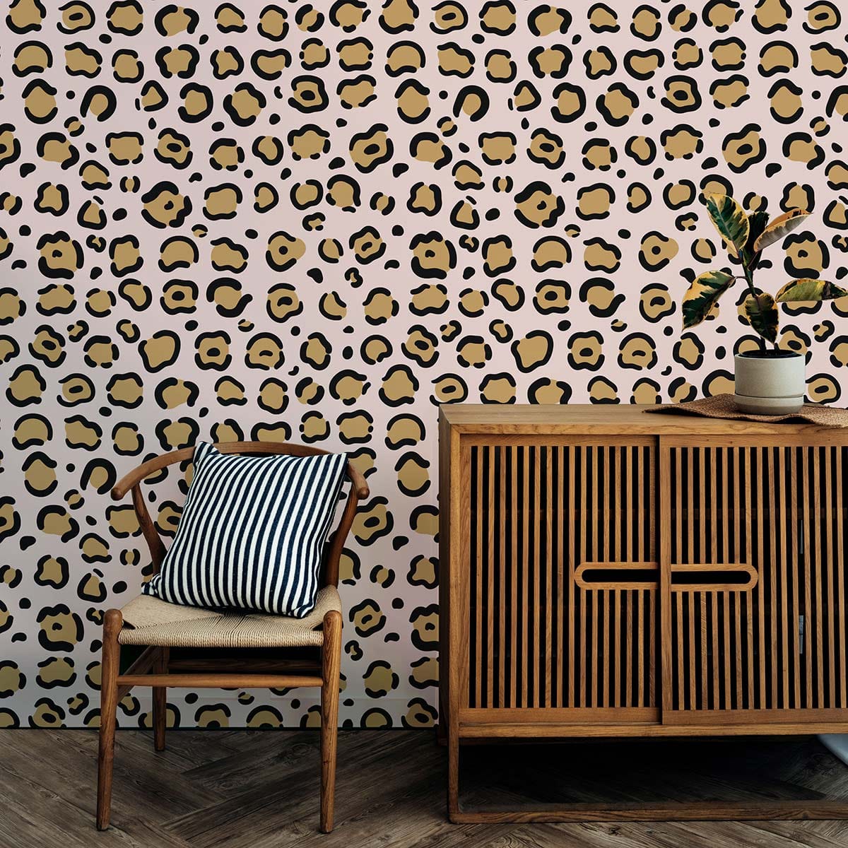 Chic Leopard Print Wallpaper in Beige, Black with Wooden Cabinet, Chair, Chevron Flooring in Living Room.