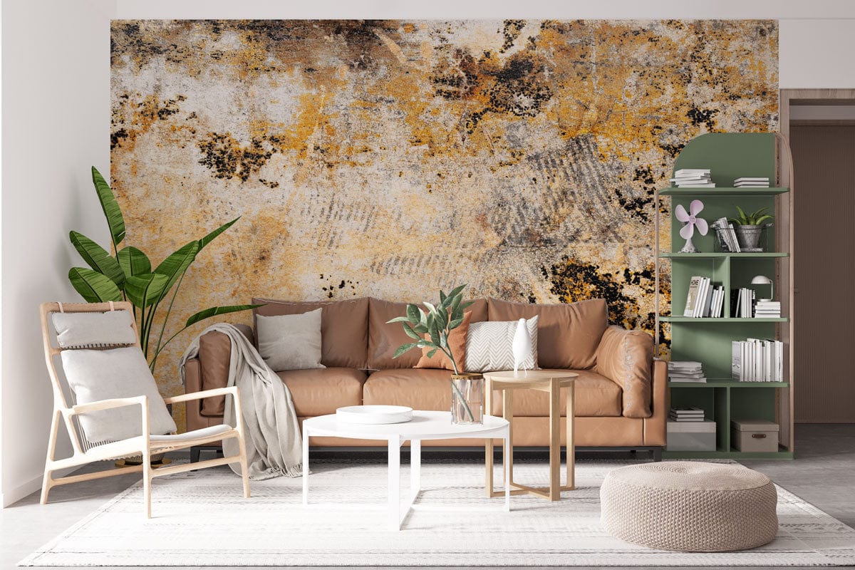 Rustic mural wallpaper in ochre and charcoal tones, beige sofa, light wood chair, green shelves.