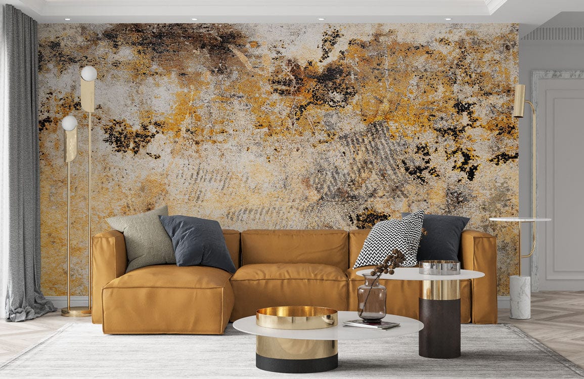 Rustic wallpaper with ochre-charcoal tones behind tan sofa; modern room Décor includes stylish lighting.
