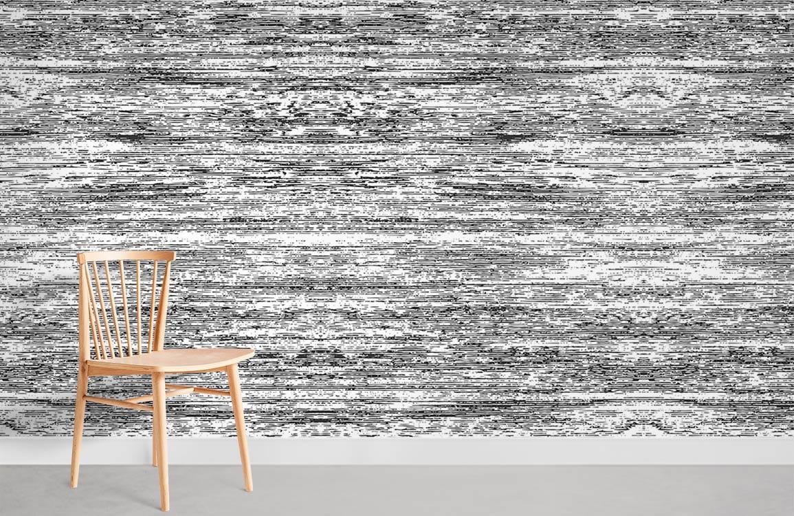 Monochrome textured stripes wallpaper, modern interiors, wooden chair, sitting room, grey flooring.
