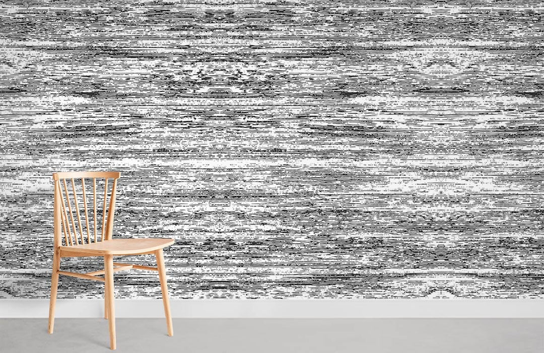 Monochrome textured stripes wallpaper, modern interiors, wooden chair, sitting room, grey flooring.