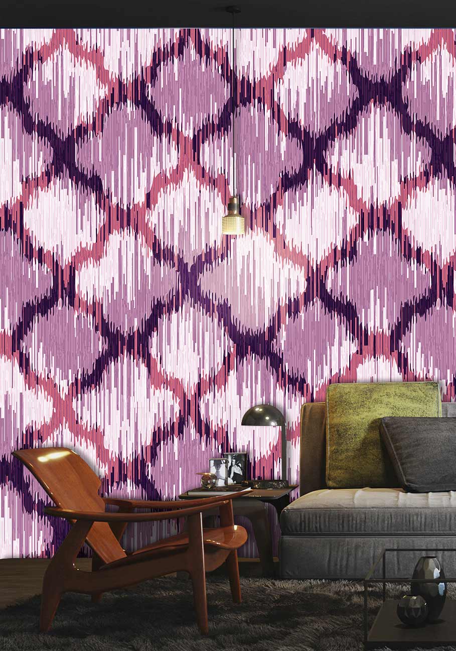 Elegant lilac and pink geometric ikat wallpaper with grey sofa, wooden chair, living room interior.