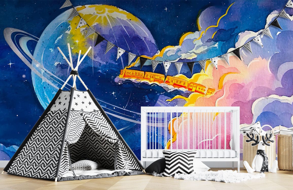 Nursery mural wallpaper featuring colourful night sky, train, tipi tent, and cot. Celestial Train Journey.