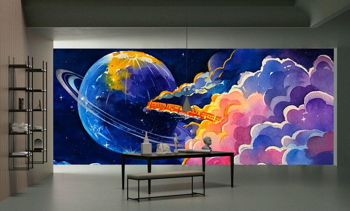 Celestial Train Journey wallpaper in modern living room with grey flooring and black table, artistic mural.