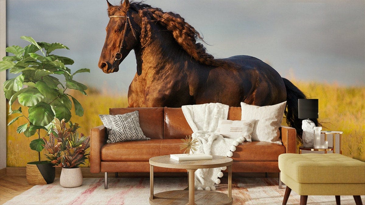 Majestic Dark Stallion Galloping Mural Wallpaper with brown sofa, green ottoman, wooden floor, decorative plants.
