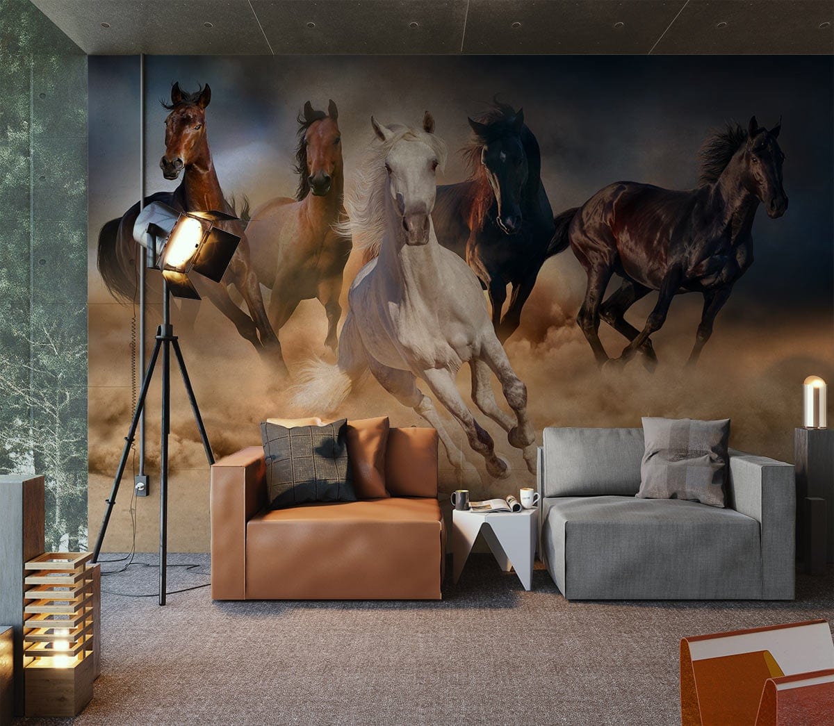 Dynamic mural of galloping horses with earthy tones, modern seating, tripod lamp, and grey flooring.