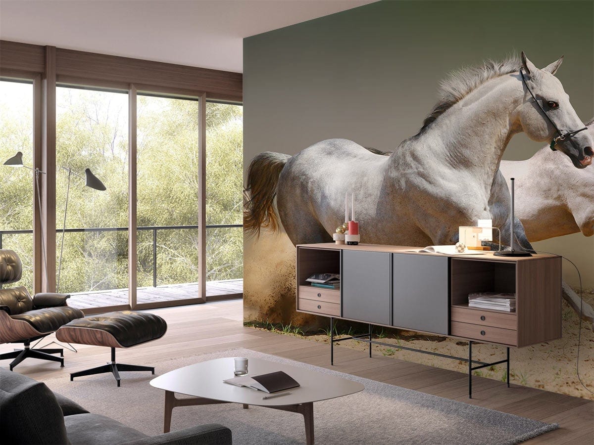Galloping Grey Horses mural wallpaper, mid-century furniture, sleek black chairs, modern living room, large windows.