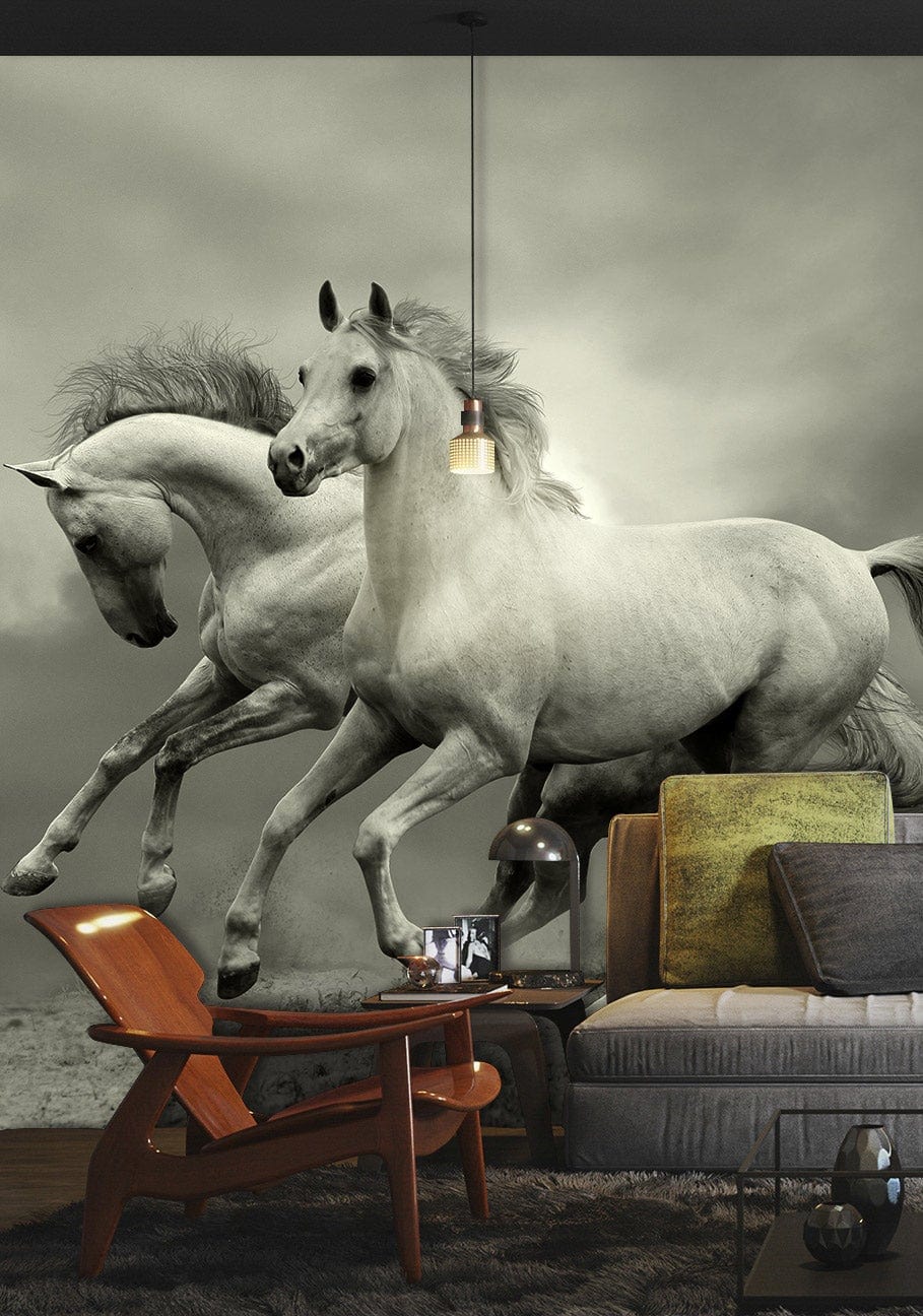 Majestic White Horses Running Nature Mural Wallpaper - Elegant Grey Tones