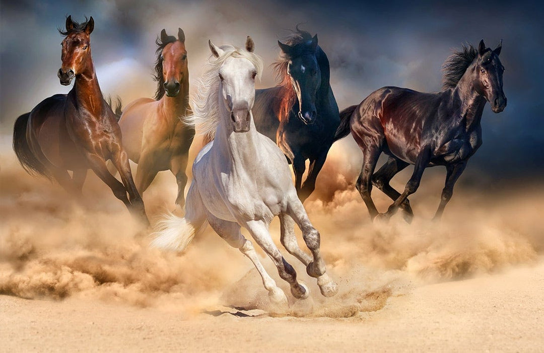 Dynamic Galloping Horses Mural Wallpaper: Dramatic Nature Scene in Earthy Tones