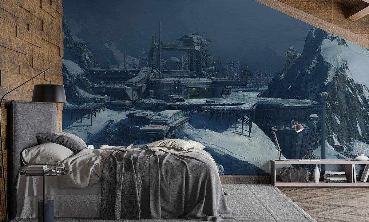 Futuristic Arctic mural wallpaper in grey tones; modern bedroom with grey bed, wooden wall, carpet.