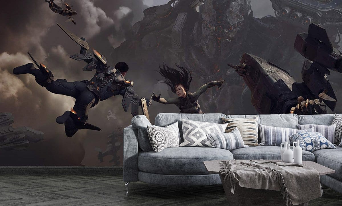 Futuristic battle mural wallpaper, grey corner sofa, patterned cushions, modern living room, dark flooring.