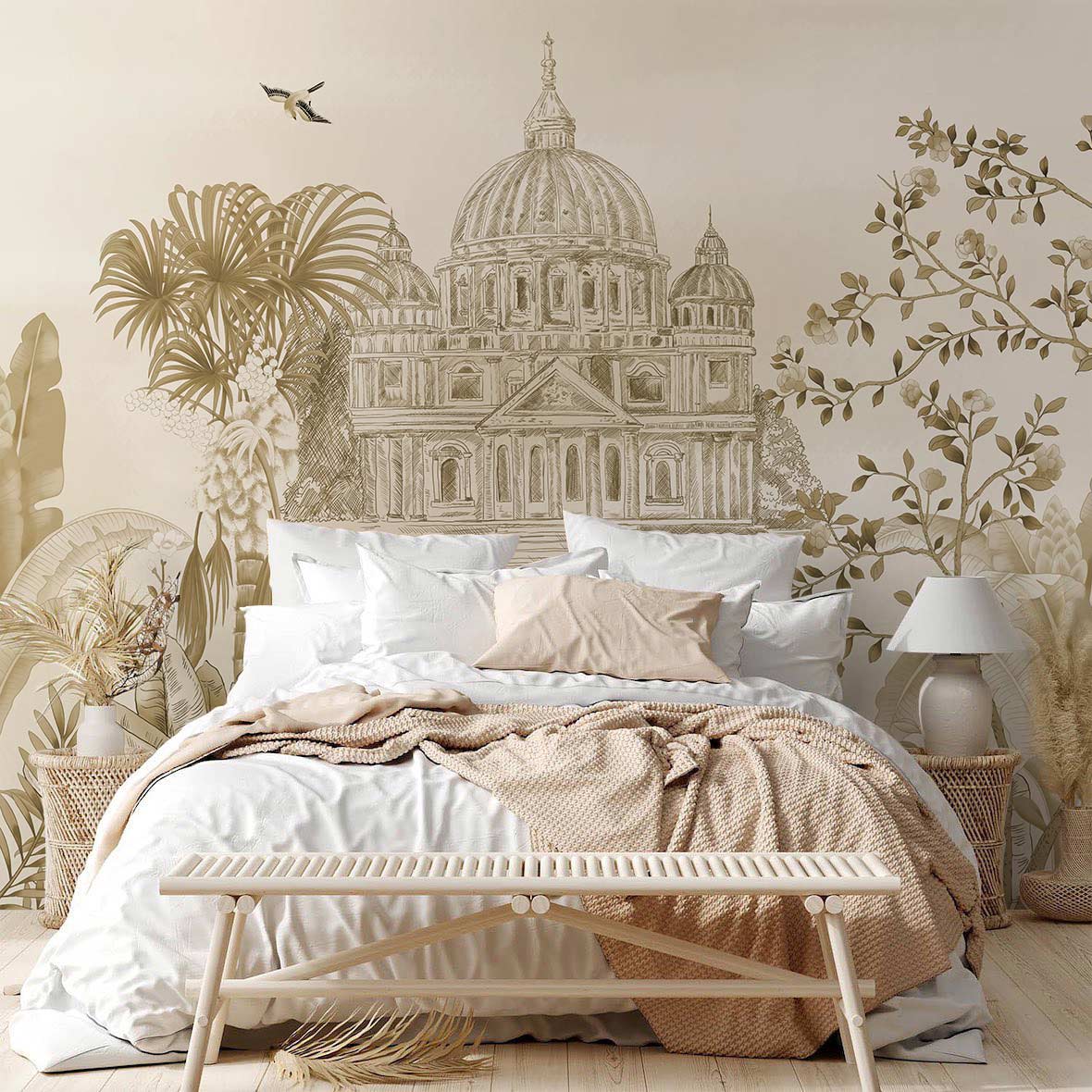 Vintage Italian mural wallpaper with sepia botanical design in serene bedroom featuring cosy bedding.