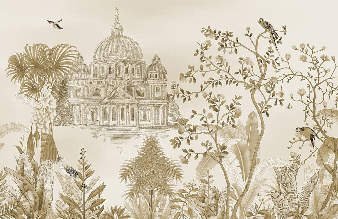 Vintage Italian Architectural Mural Wallpaper with Sepia Botanical Design