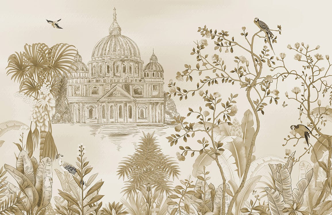 Vintage Italian Architectural Mural Wallpaper with Sepia Botanical Design