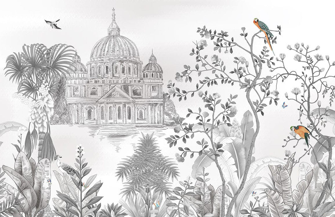 Vintage Botanical Parrots Mural Wallpaper in Grey and Orange Tropical Design