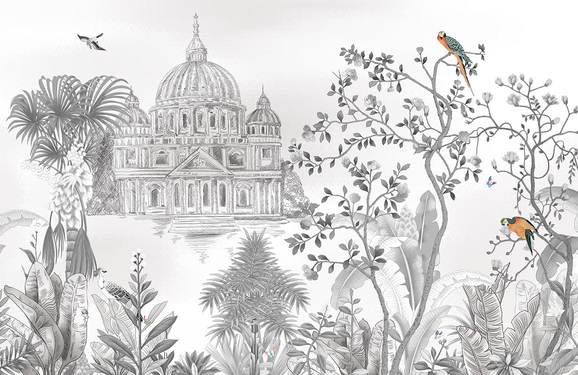 Vintage Botanical Parrots Mural Wallpaper in Grey and Orange Tropical Design