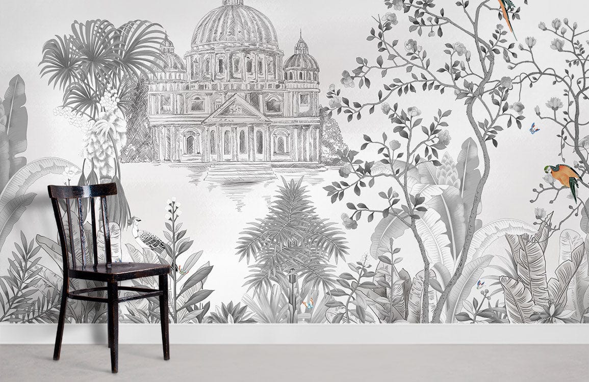 Vintage Botanical Parrots Mural Wallpaper, grey tropical design, wooden chair, minimalist decor, light flooring.