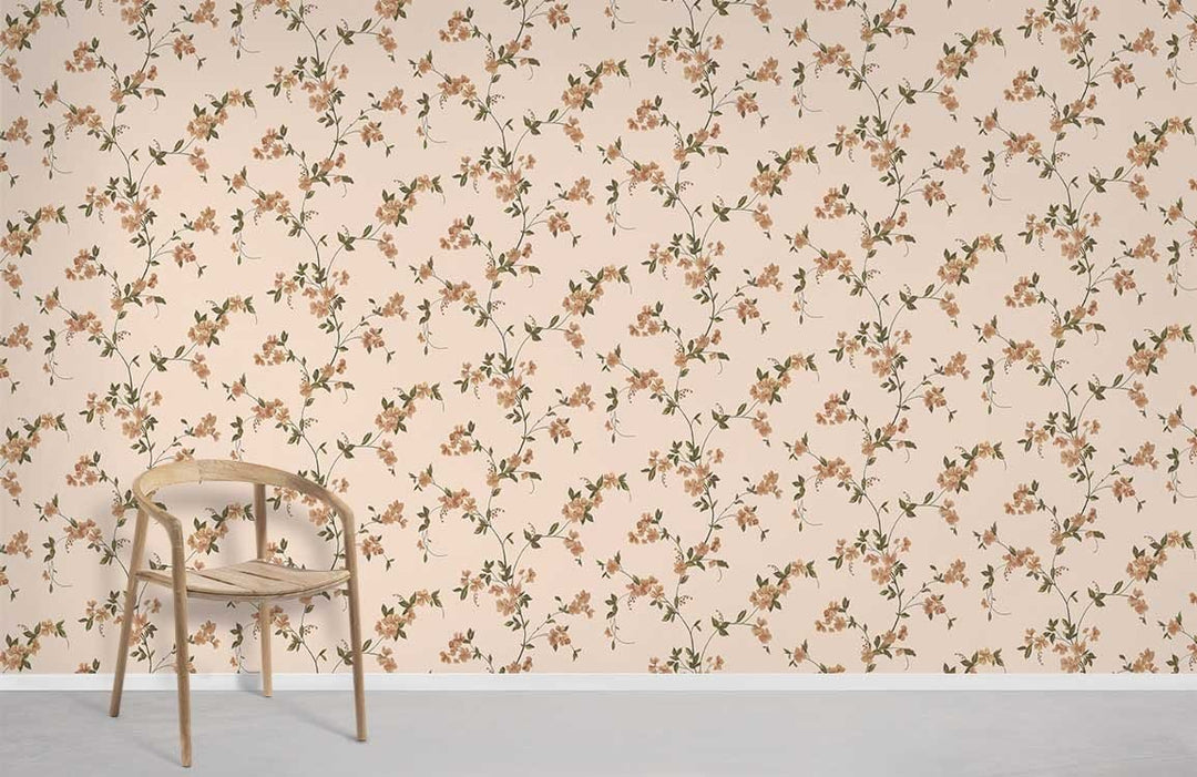 Vintage floral blossom wallpaper in beige and green, elegant botanical design with wooden chair.