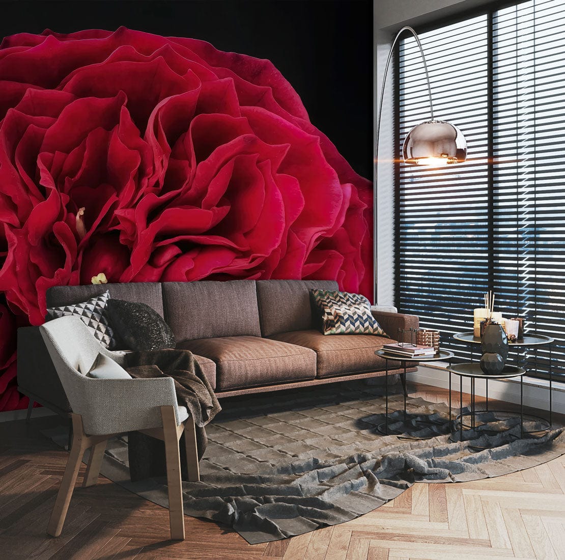 Luxurious deep red floral wallpaper adorns living room, featuring beige sofa, wooden flooring, stylish decor.